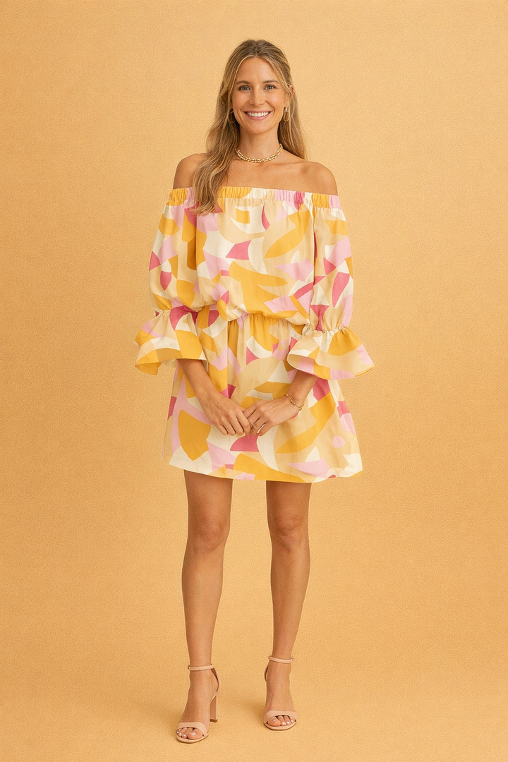 Chic women's summer mini dress. Off-shoulder floral print, flirty style ideal for casual or party.