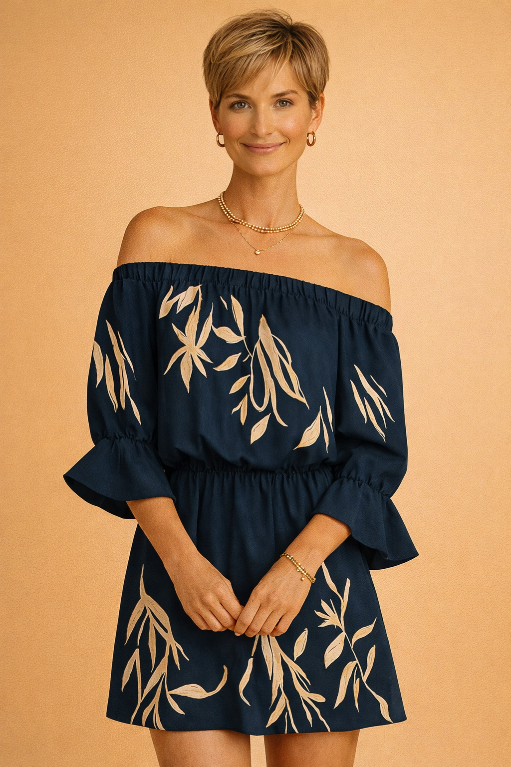 A-line off-shoulder mini dress for women, adorned with a vibrant floral print and elegant ruffles.