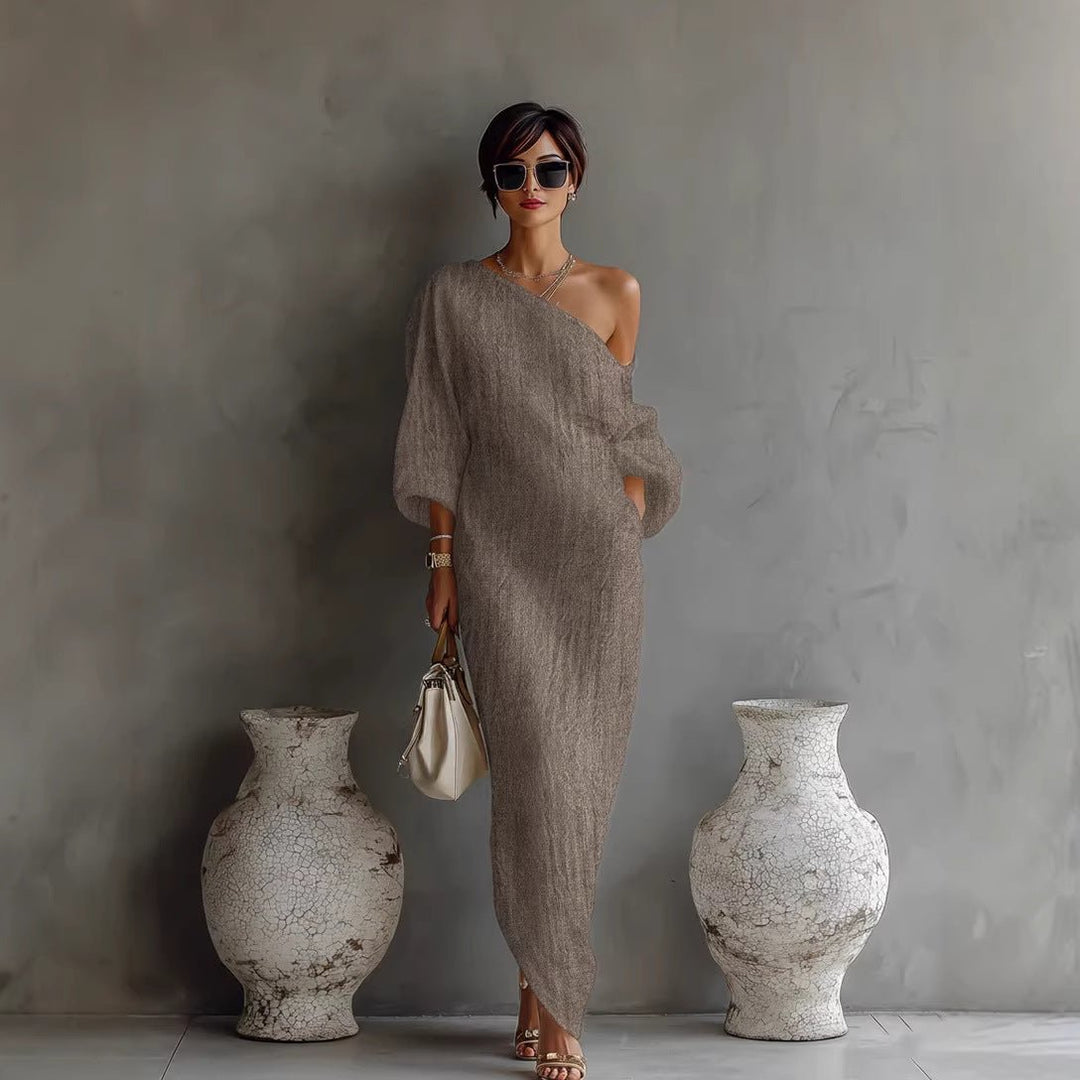 Women's off-shoulder maxi dress with elegant lantern sleeves & loose fit in breathable linen, perfect for summer.