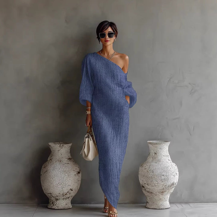 Comfortable women's linen off-shoulder maxi dress, featuring loose fit and stylish lantern sleeves for warm weather.