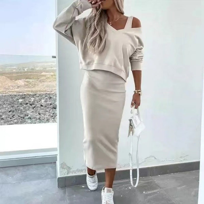 Women's off-shoulder oversized cardigan and midi dress set, elegant two-piece for autumn winter fashion.