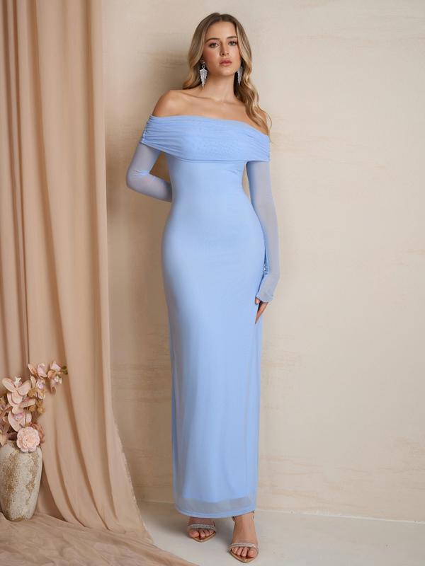 Captivating women's off-shoulder sequin bodycon dress with elegant ruching. Glamorous evening wear.