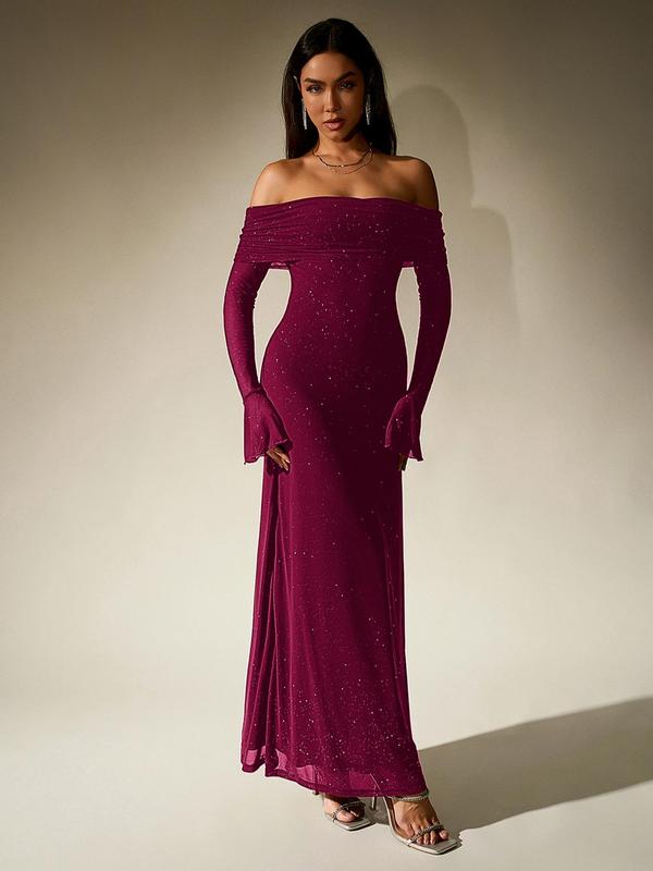 Glamorous women's off-shoulder sequin bodycon gown with intricate ruching. Perfect party dress.