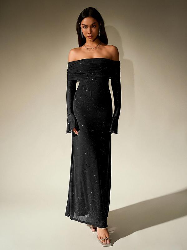 Elegant sequin off-shoulder bodycon evening gown for women. Ideal formal wear for special events.