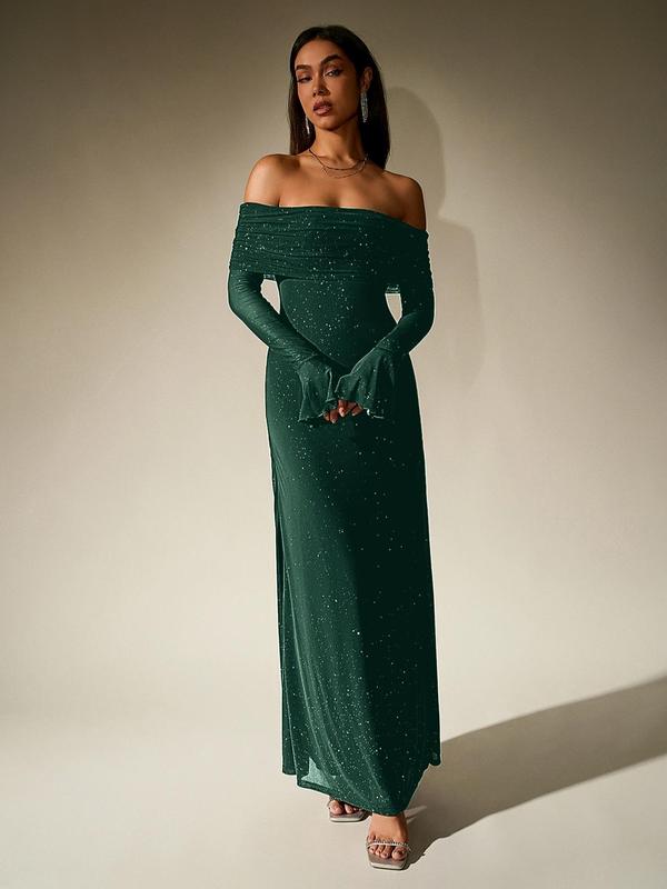 Stunning off-shoulder sequin bodycon dress, ruched design. Glamorous women's evening gown.