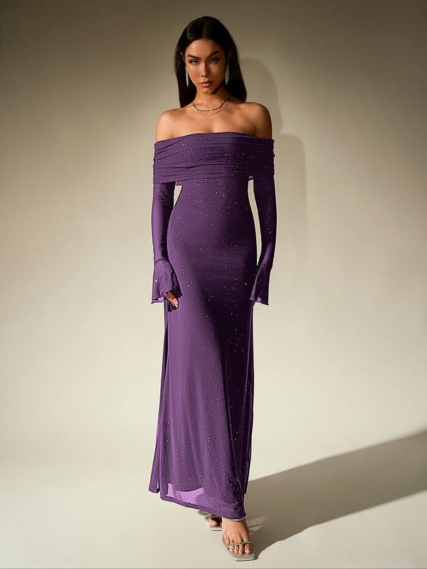 Feel elegant in this women's off-shoulder sequin bodycon evening gown. Perfect for special occasions.
