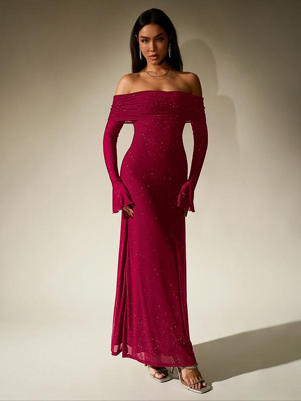 Women's glamorous off-shoulder sequin bodycon evening gown featuring elegant ruching for parties.
