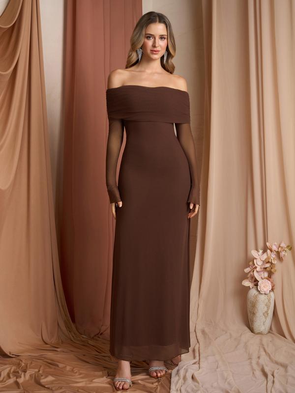 Fitted off-shoulder ruched sequin bodycon gown. Women's elegant evening dress, ideal for formal events.