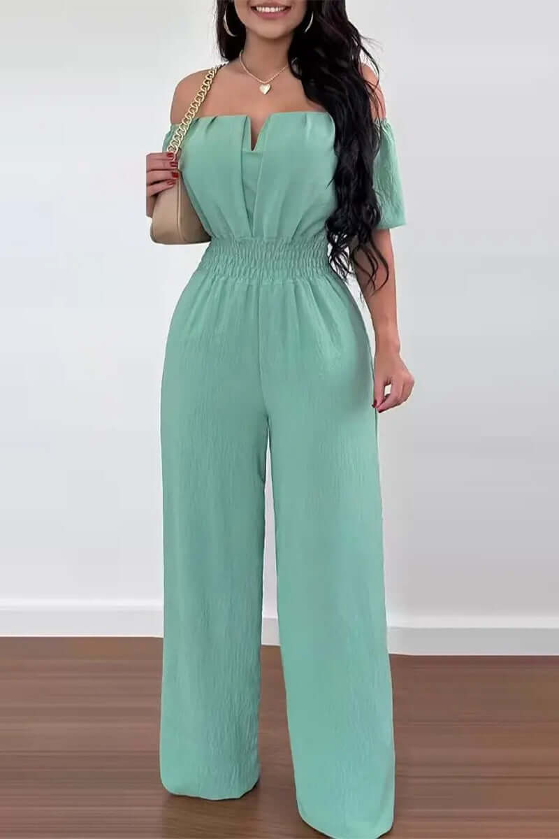 Stylish women's off-shoulder short sleeve jumpsuit, a chic and versatile fashion piece for any occasion.
