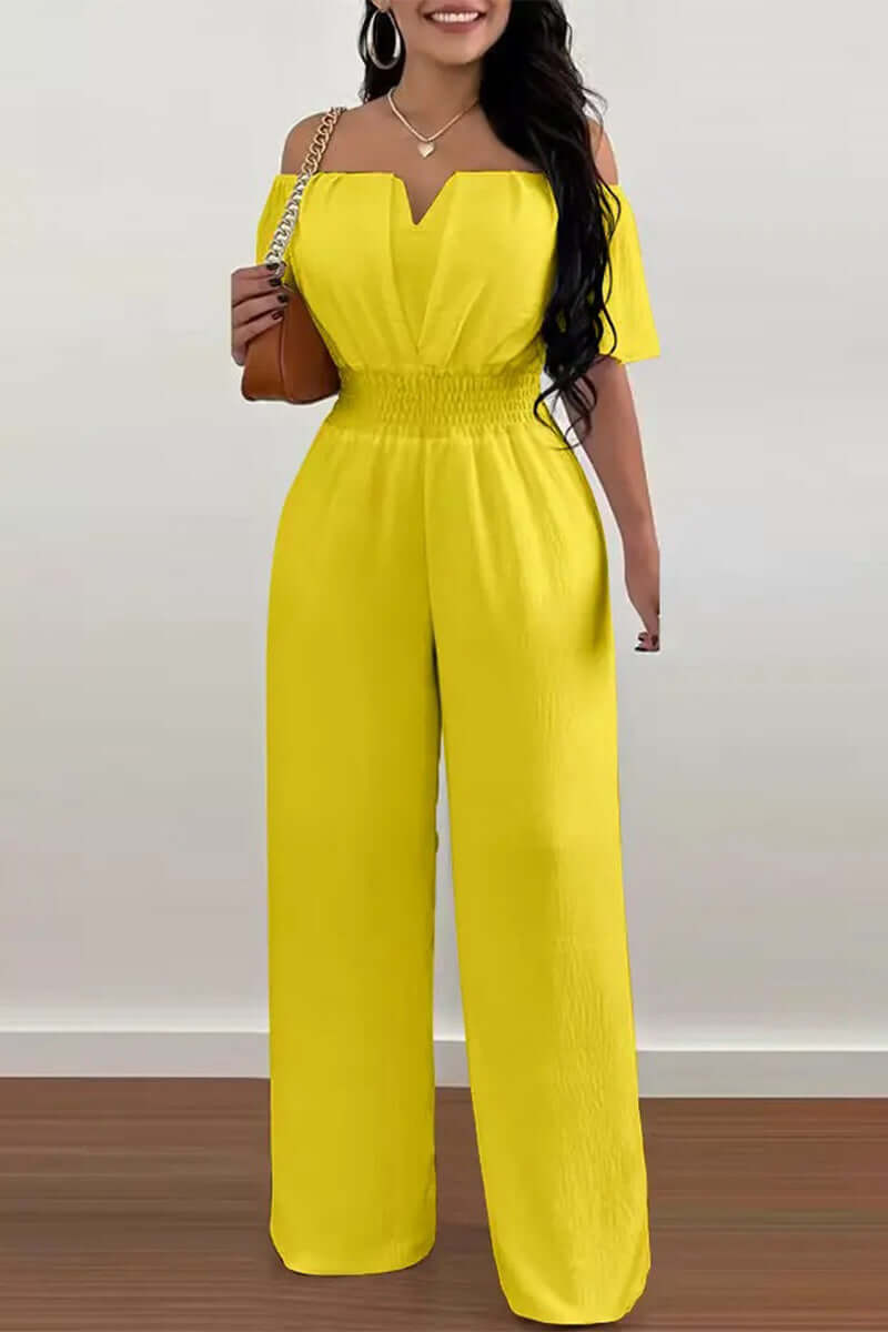 Chic black off-shoulder short sleeve jumpsuit for women, a comfortable and stylish addition to your wardrobe.
