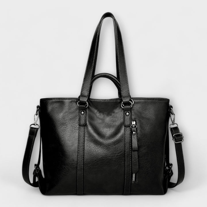 Black Olívia large leather tote bag for women. Elegant & spacious work bag, a stylish carryall for all essentials.