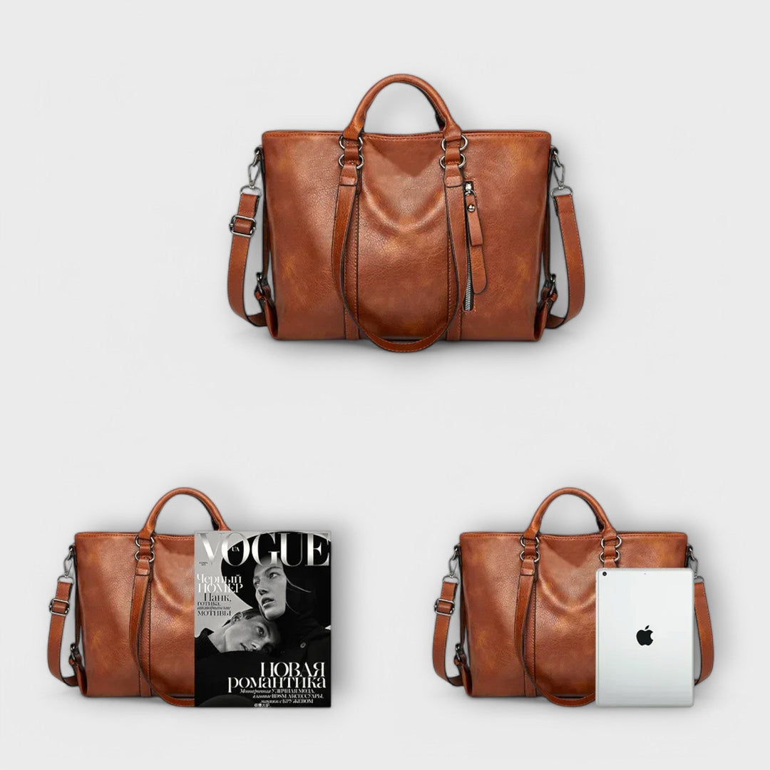 Large Olívia women's leather tote bag in black. A durable & stylish shoulder bag, perfect for work & daily use.