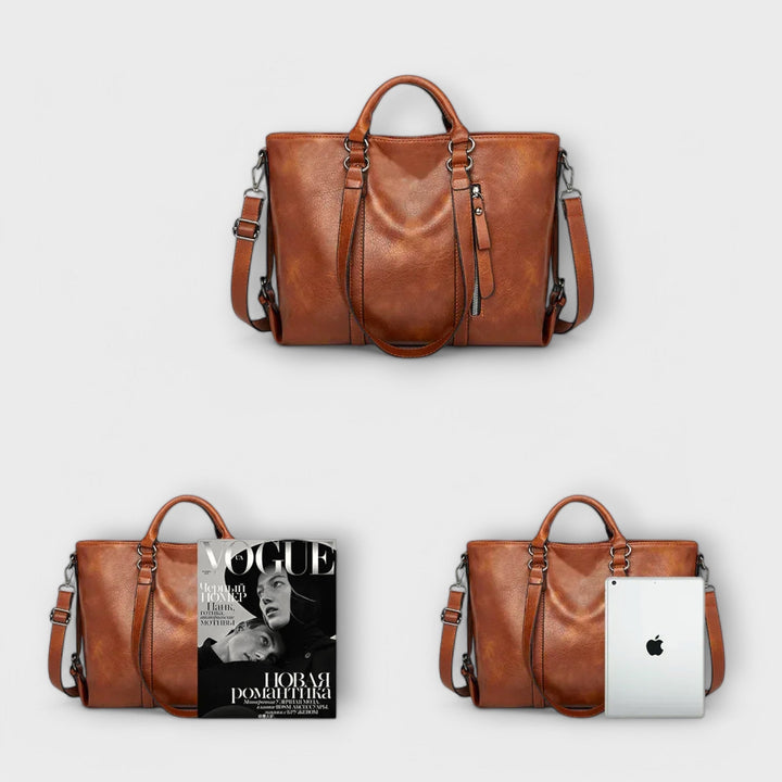Large Olívia women's leather tote bag in black. A durable & stylish shoulder bag, perfect for work & daily use.
