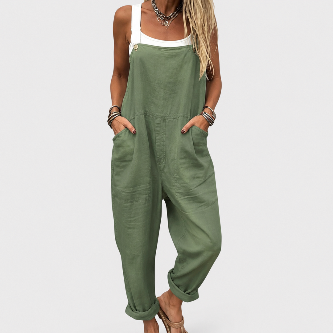 Women's olive green casual jumpsuit with relaxed fit & pockets for all-day comfort & stylish everyday wear.