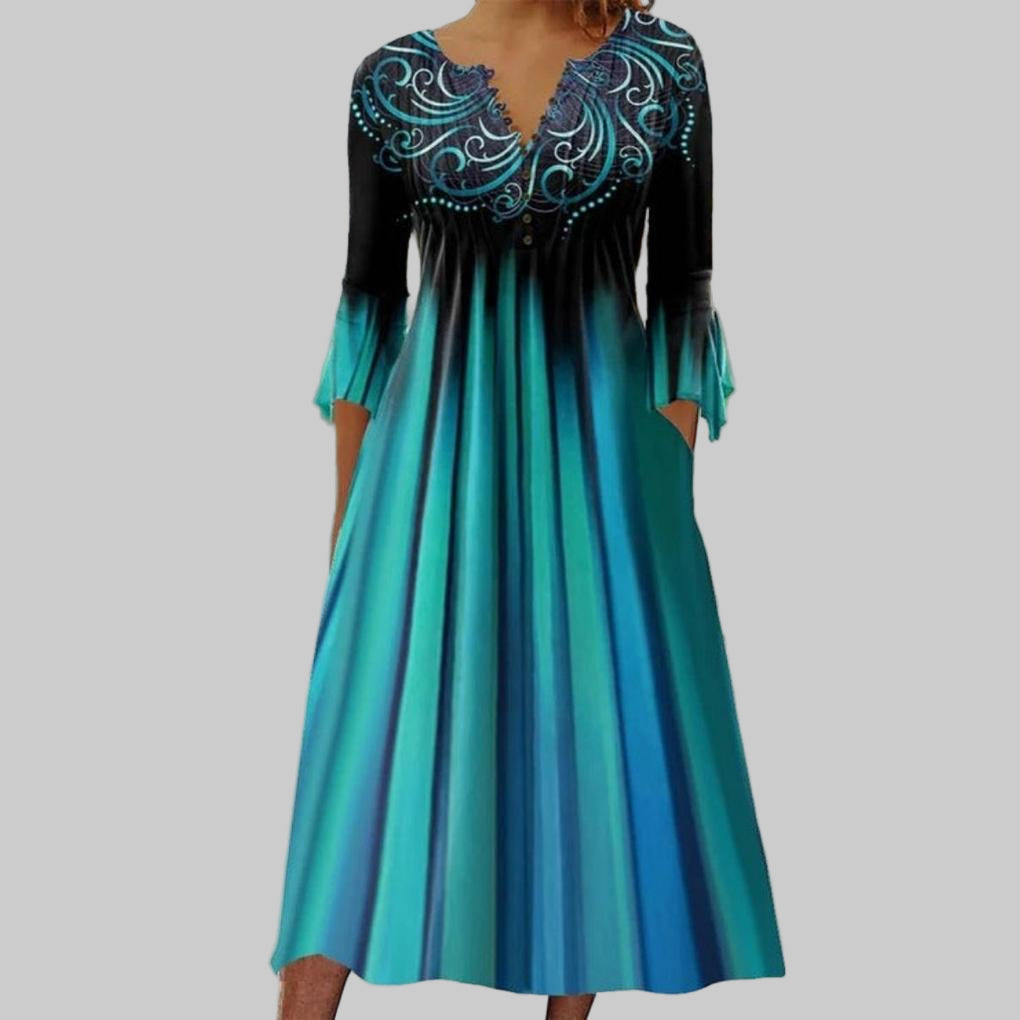 Women's ombre green V-neck 3/4-sleeve flowy casual dress, perfect for daywear.