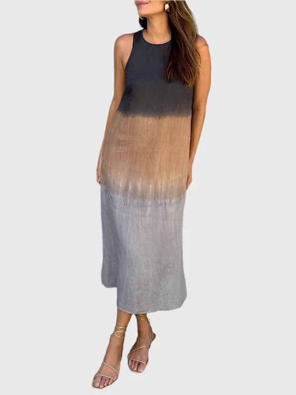 Gradient ombre sleeveless midi dress for women, relaxed round neck, elegant summer style.