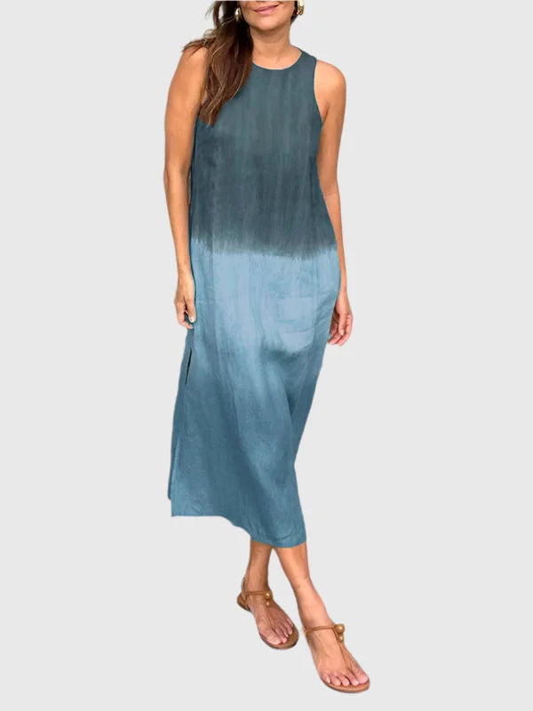 Stylish women's ombre sleeveless midi dress featuring a relaxed fit and classic round neck, summer essential.