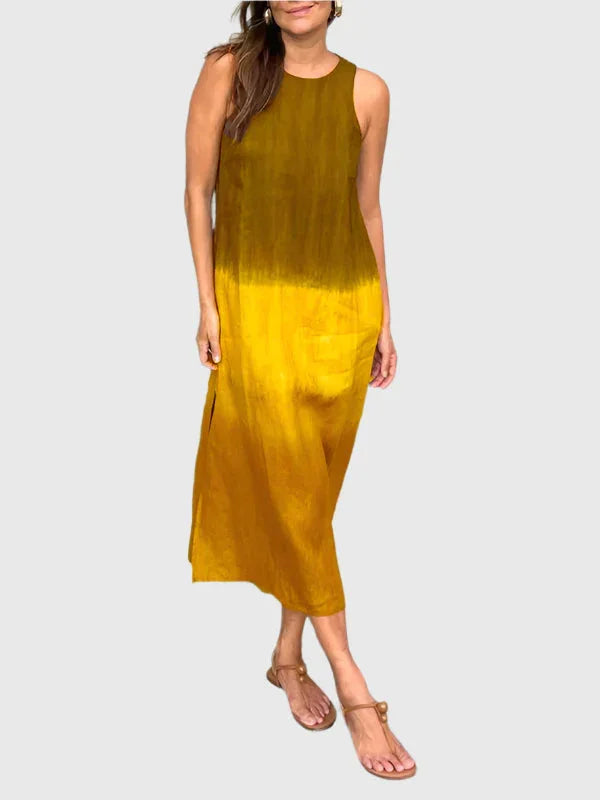 Beautiful ombre pattern on a sleeveless midi dress for women, relaxed silhouette, round neckline. Casual chic.