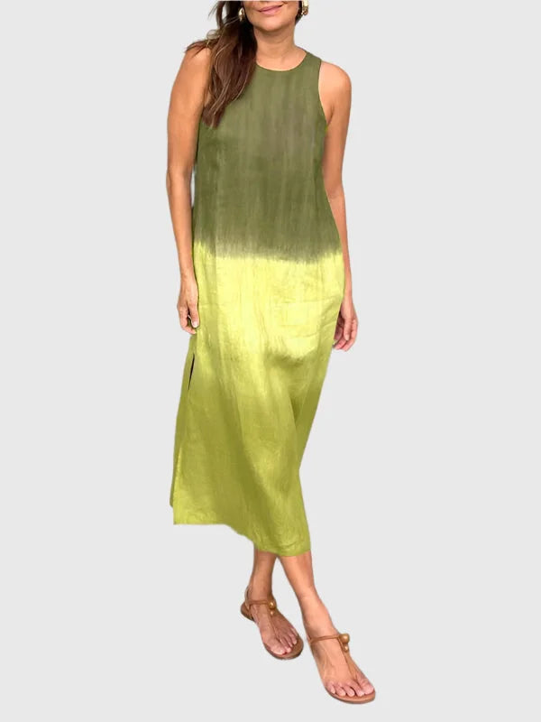 Women's ombre sleeveless midi dress, relaxed fit, round neck. Casual summer style & elegant comfort.