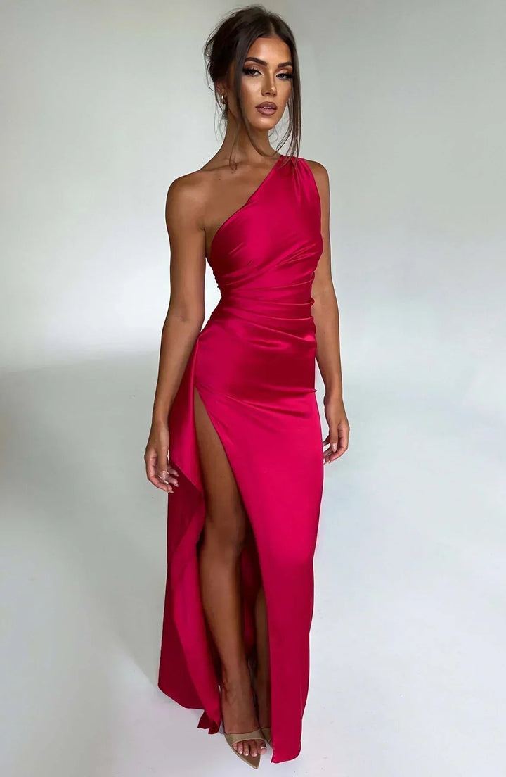 Women's one-shoulder asymmetric high-split maxi evening dress. Elegant formal wear for special occasions.