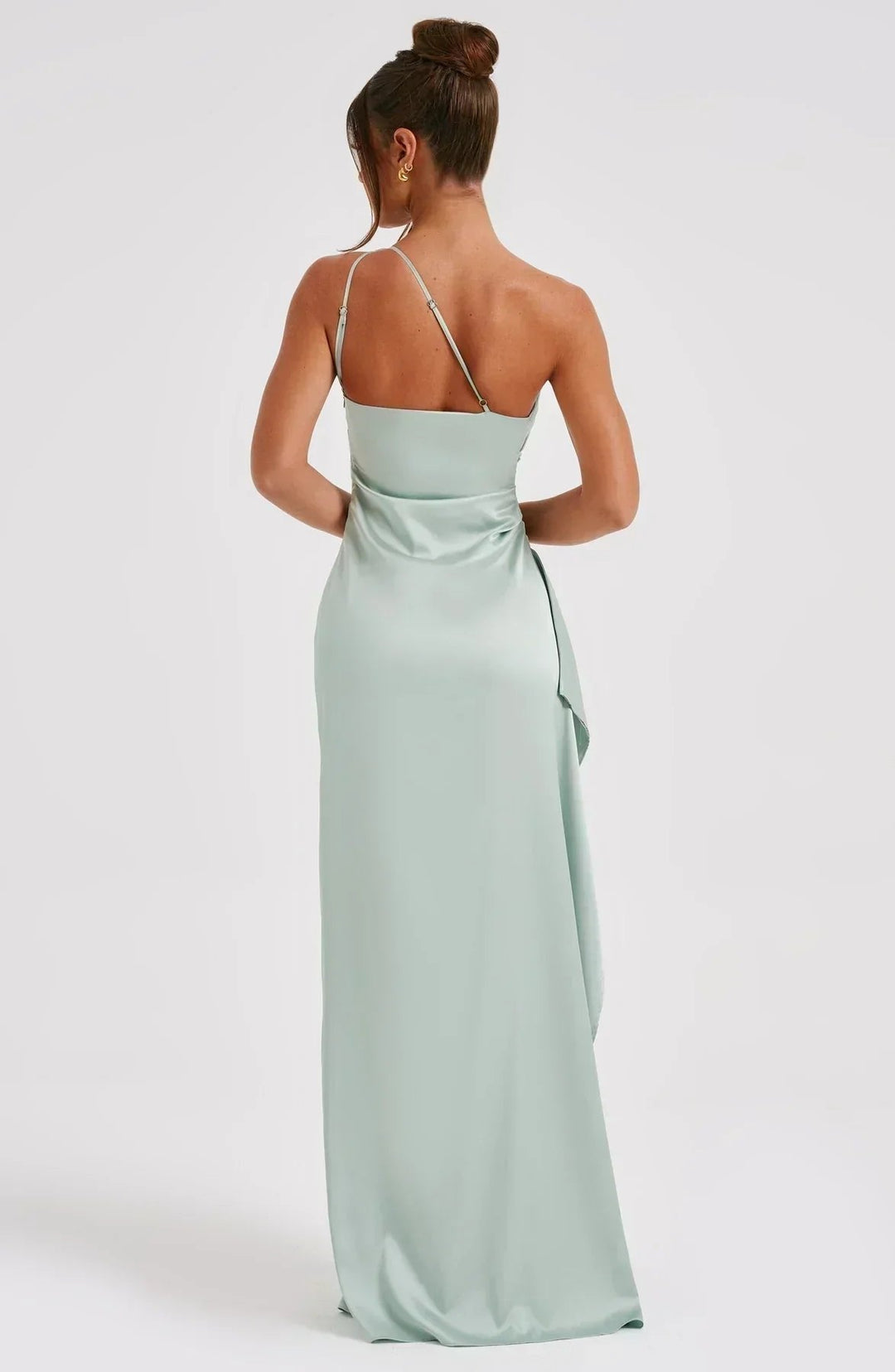 Elegant women's one-shoulder asymmetric high-split maxi dress. Ideal wedding guest & formal event attire.
