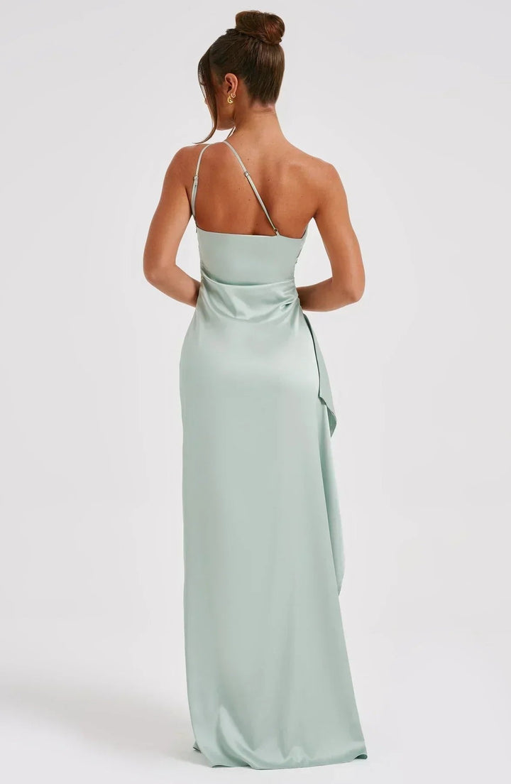 Elegant women's one-shoulder asymmetric high-split maxi dress. Ideal wedding guest & formal event attire.