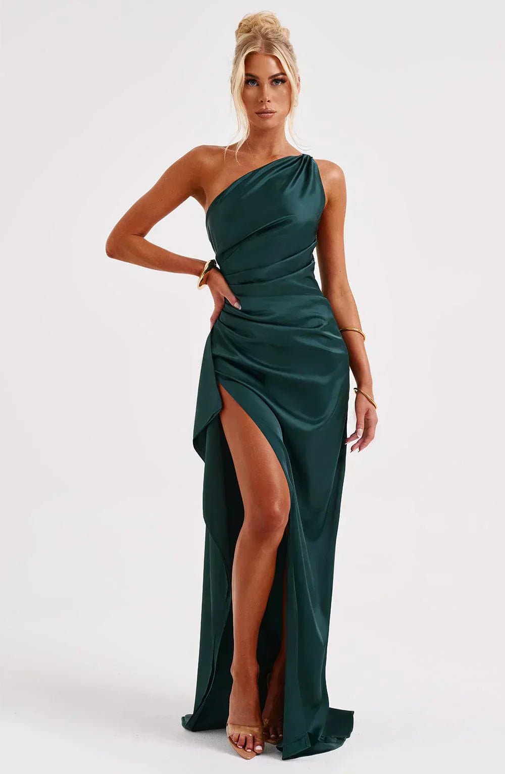 Women's elegant one-shoulder asymmetric maxi dress with a stylish high split and flattering ruched waist.