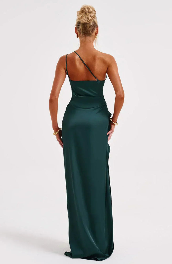 Sophisticated women's one-shoulder high-split maxi dress. Asymmetric design, perfect formal evening wear.