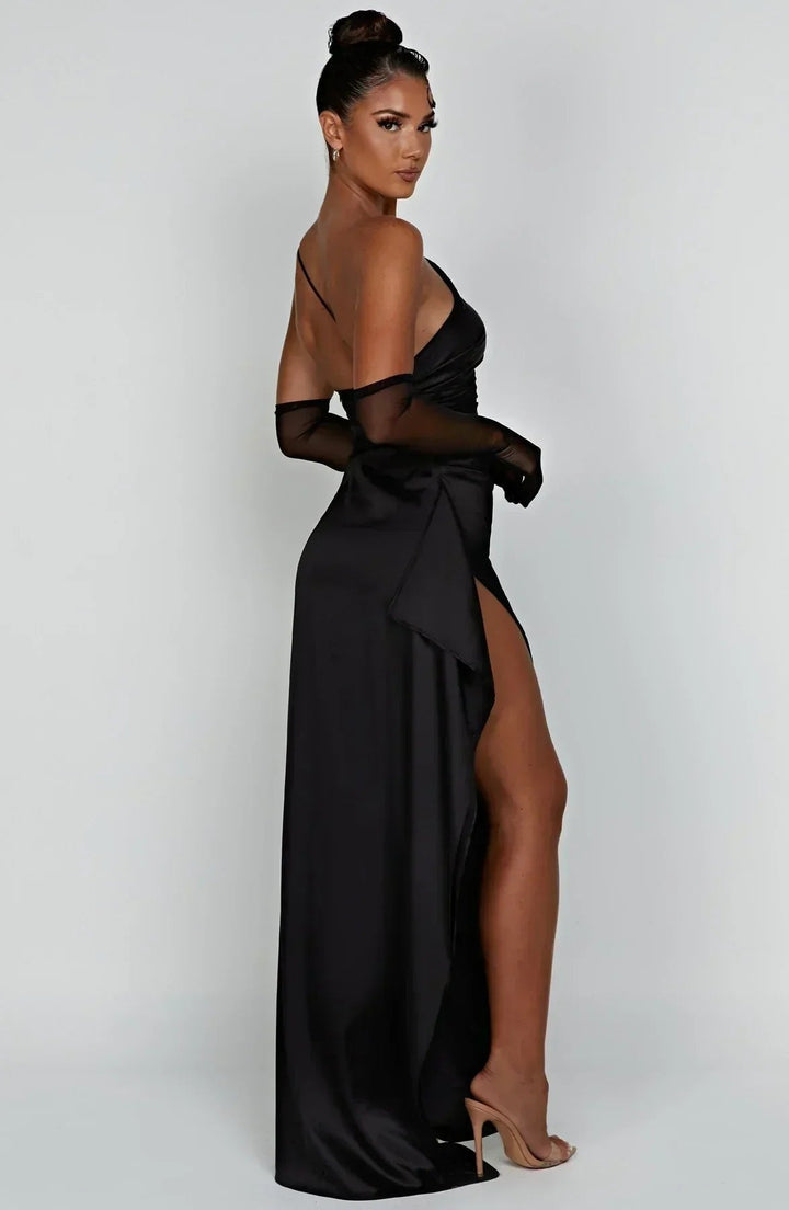 Women's one-shoulder asymmetric high-split maxi evening dress. Elegant & formal for special events.