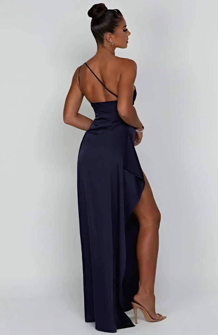 Glamorous women's one-shoulder asymmetric high-split maxi evening gown. Perfect for prom & special occasions.