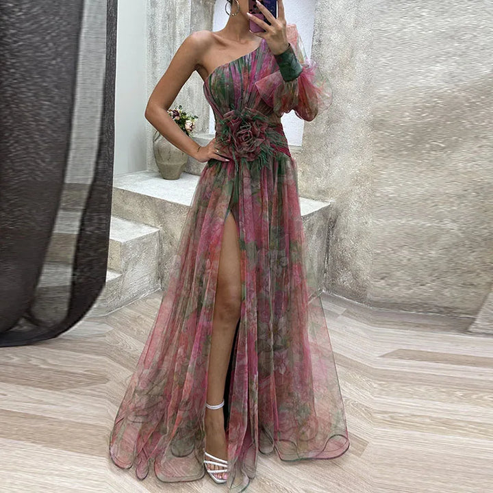 Women's one-shoulder floral maxi dress, perfect for weddings, galas, or special occasions. Elegant evening gown.