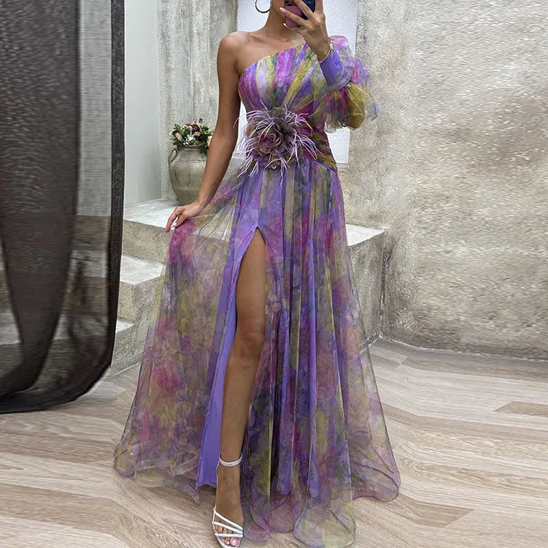 Vibrant floral one-shoulder maxi dress for women, a stunning choice for a wedding guest or evening gala dress.