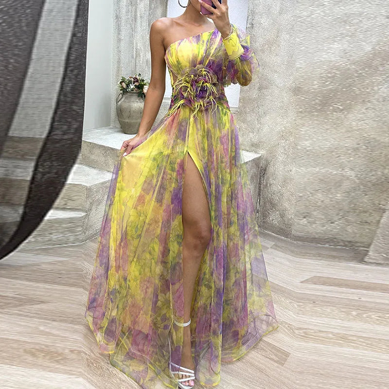 Dreamy floral elegance one-shoulder maxi dress, a stylish and flowy evening gown for women's special occasions.