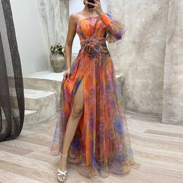 Colorful floral one-shoulder maxi gown, a versatile formal or special occasion dress for women. Wedding guest ready.