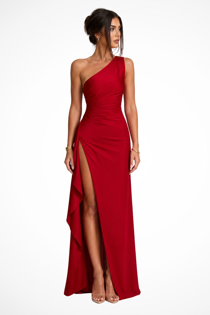Women's one shoulder maxi wedding guest dress with elegant side slit.