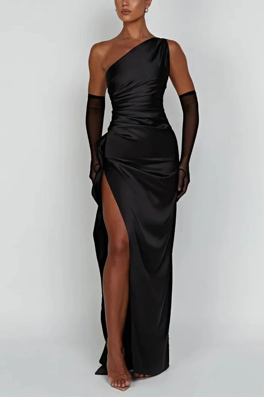 Make a statement in this one shoulder maxi wedding guest dress with a stylish side slit.