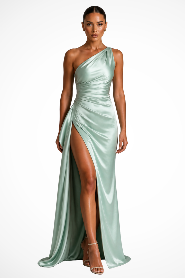 Sophisticated one shoulder maxi dress with a side slit, perfect for elegant wedding guests.