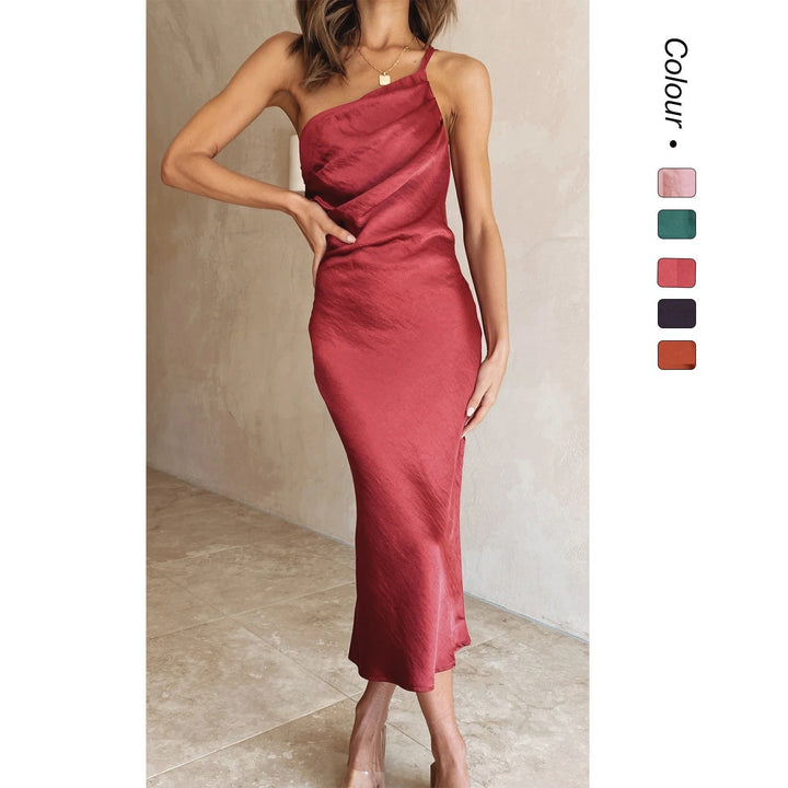 Women's One-Shoulder Midi Dress for Wedding Guests, elegant & sophisticated formal occasion wear.
