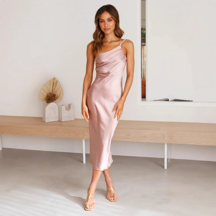Asymmetrical One-Shoulder Midi Cocktail Dress for women, perfect for elegant party & evening events.