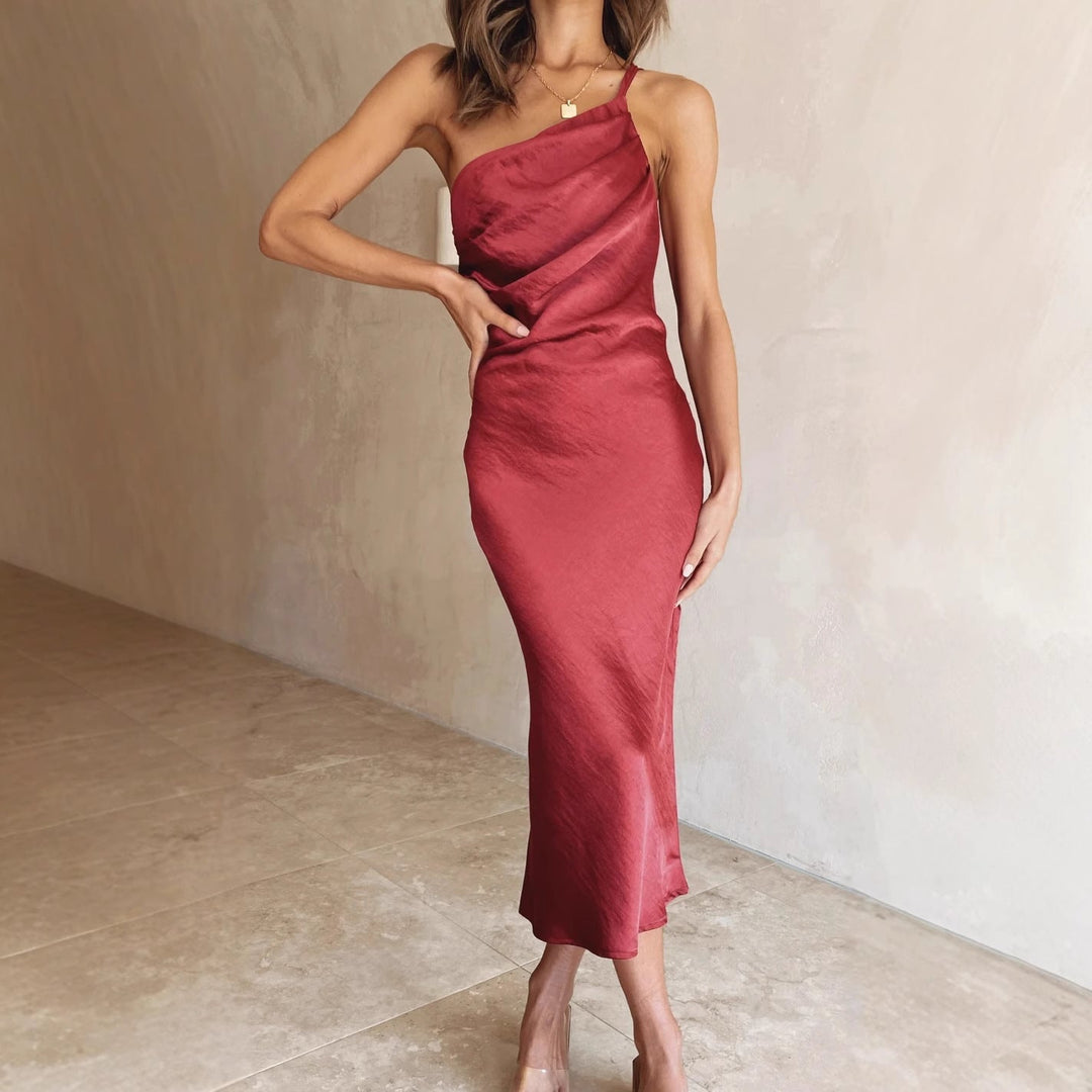 Sophisticated One-Shoulder Asymmetrical Midi Dress for women, ideal formal party or wedding guest attire.