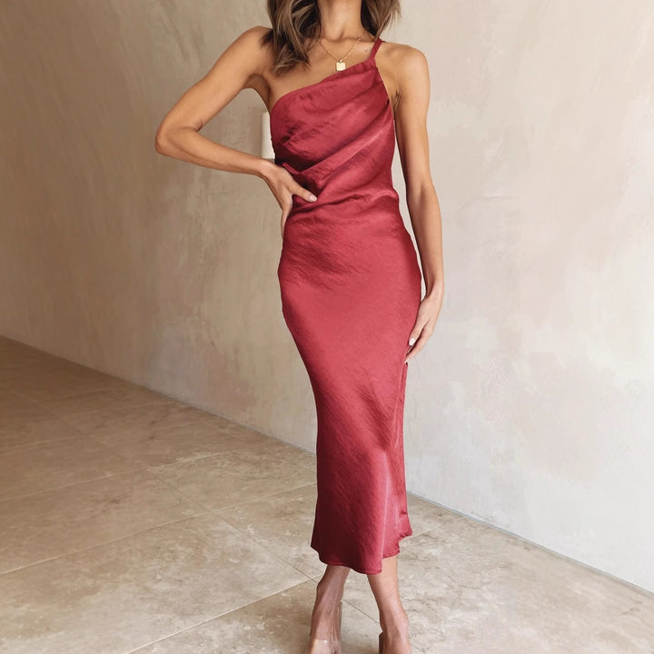 Sophisticated One-Shoulder Asymmetrical Midi Dress for women, ideal formal party or wedding guest attire.