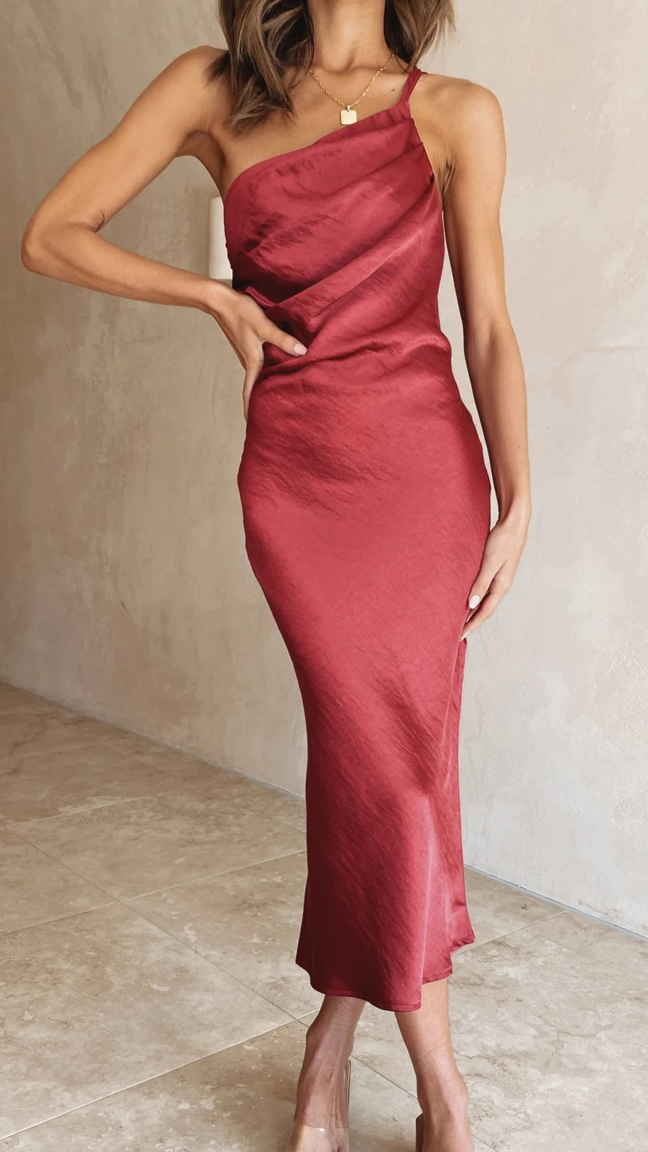 Stunning Women's One-Shoulder Midi Dress, a sophisticated and elegant formal dress for evening events.