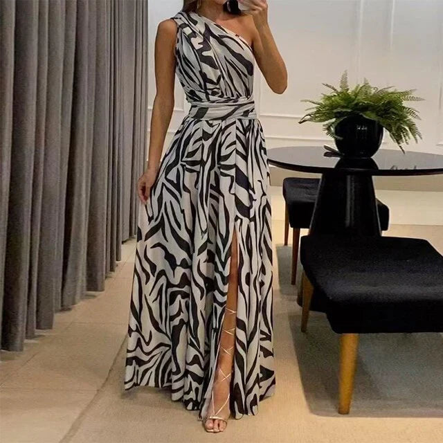 Women's one-shoulder printed maxi dress. Elegant, perfect for evening wear, vacation or parties. Effortless style.