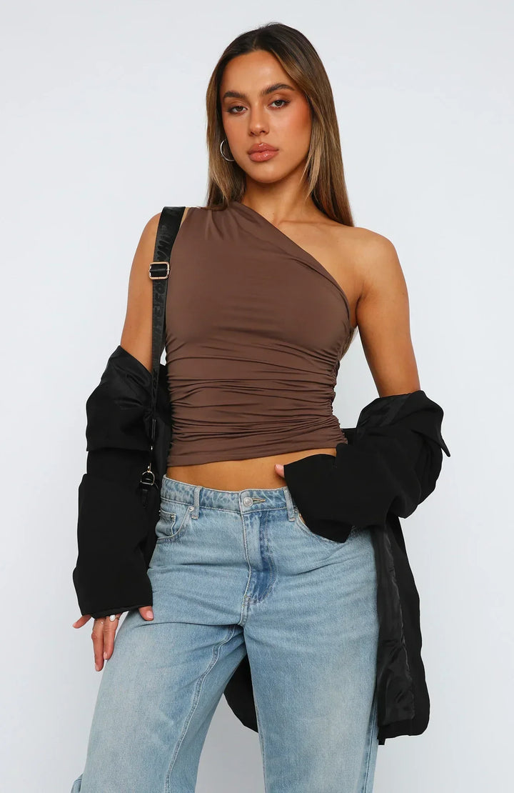 Women's summer fashion one shoulder ruched crop top, perfect for a stylish night out.