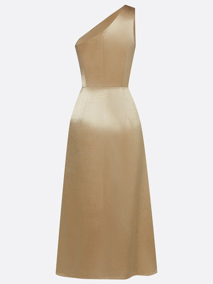 Fashionable one-shoulder ruched midi dress, an elegant women's formal wear choice for cocktail parties.