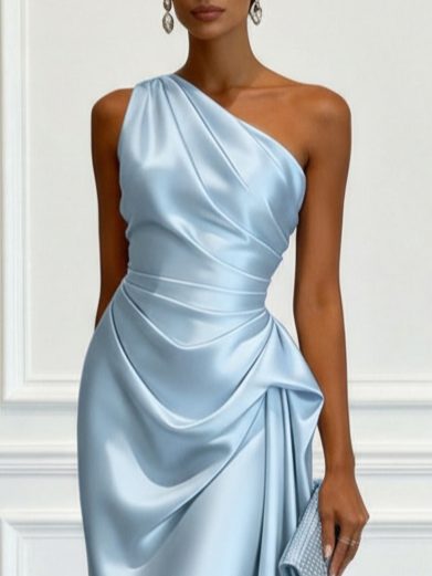 Figure-flattering ruched midi dress with a stylish one-shoulder design, perfect for women's elegant events.
