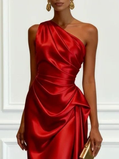 A must-have one-shoulder ruched midi dress for women, suitable as an elegant wedding guest or party dress.