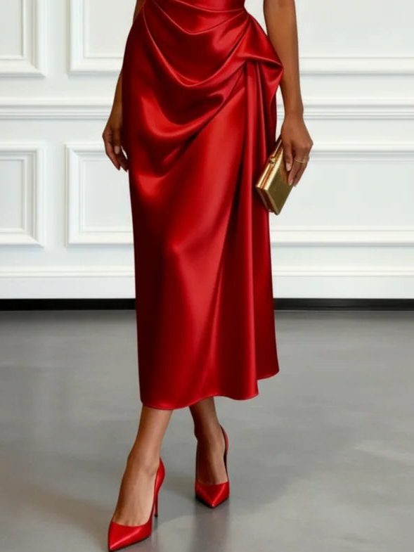 Elegant women's formal midi dress with a unique one-shoulder neckline and flattering ruched details.