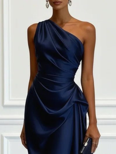 Captivating women's one-shoulder ruched midi dress, an elegant and chic option for any special occasion.