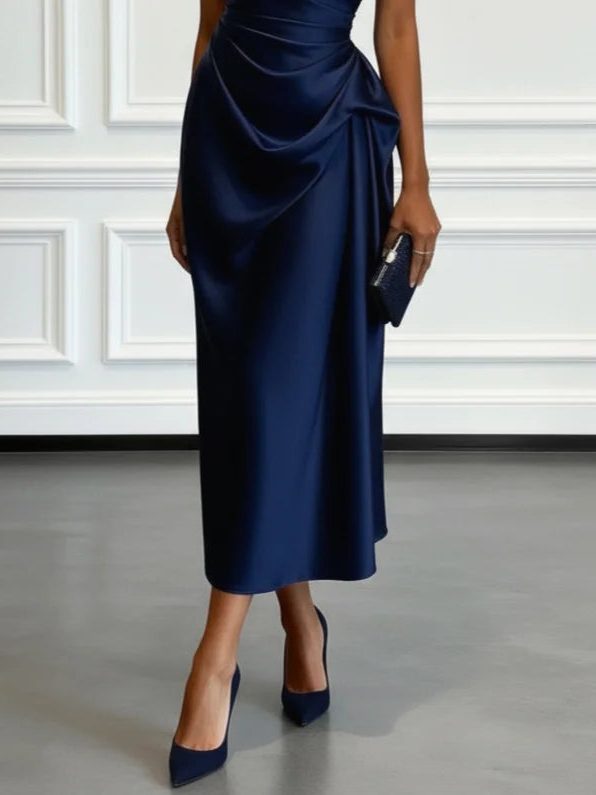 Dress up in this elegant women's one-shoulder ruched midi dress, perfect formal wear for wedding guests.